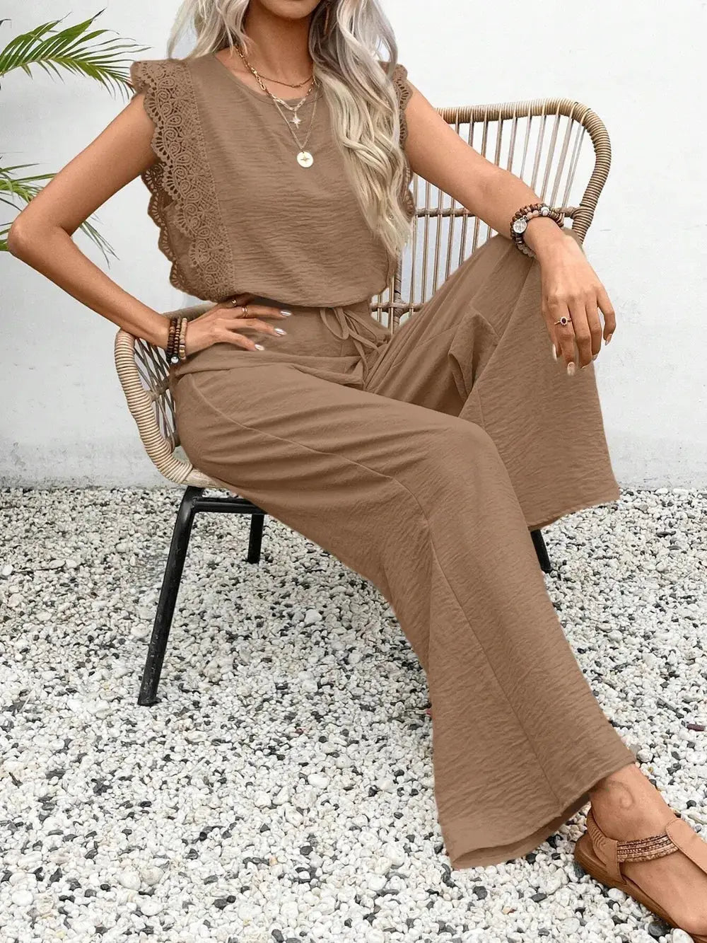 Lace Trim Round Neck Top and Pants Set - CHIC TB