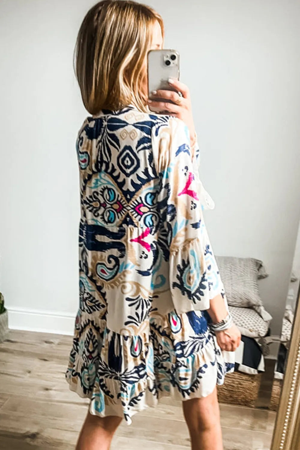 Printed Notched Three-Quarter Sleeve Mini Dress.