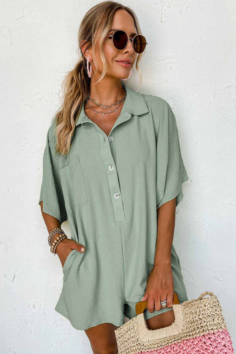 Spinach Green Half Button Collared Loose Romper Dear-Lover Dropshipping