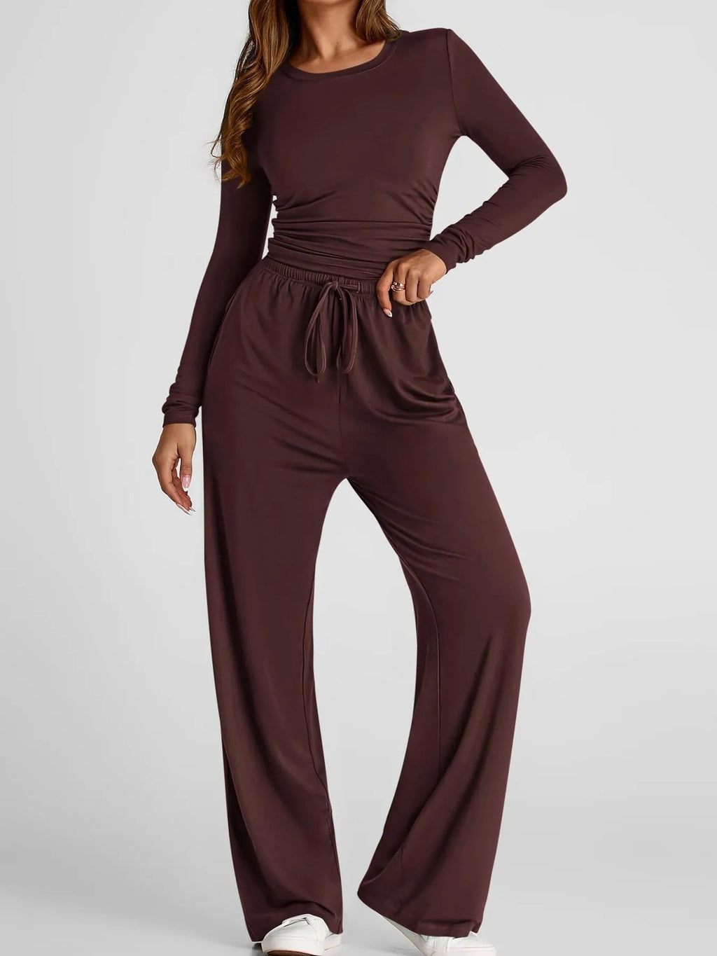 Round Neck Long Sleeve Top and Pants Set.