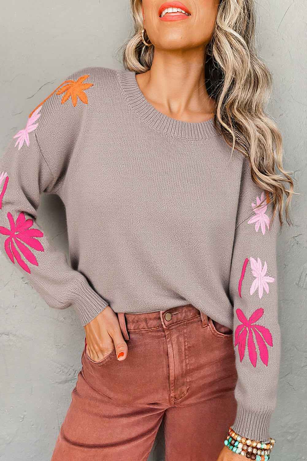 Simply Taupe Embroidered Floral Sleeve Round Neck Loose Sweater