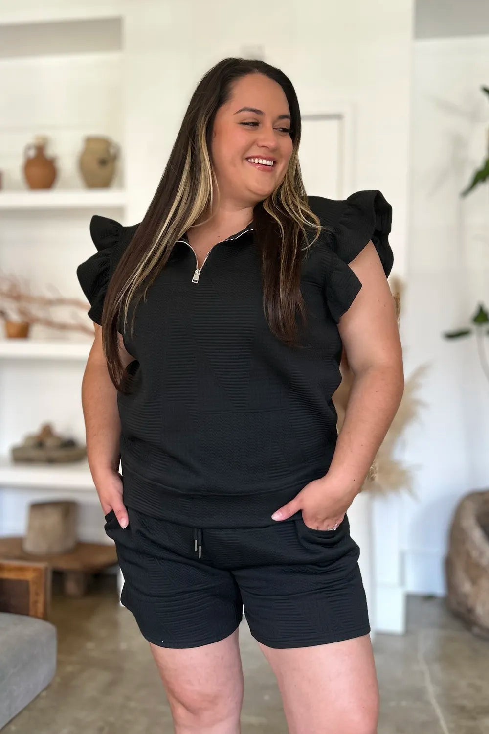 Double Take Full Size Texture Flounce Sleeve Top and Shorts Set.