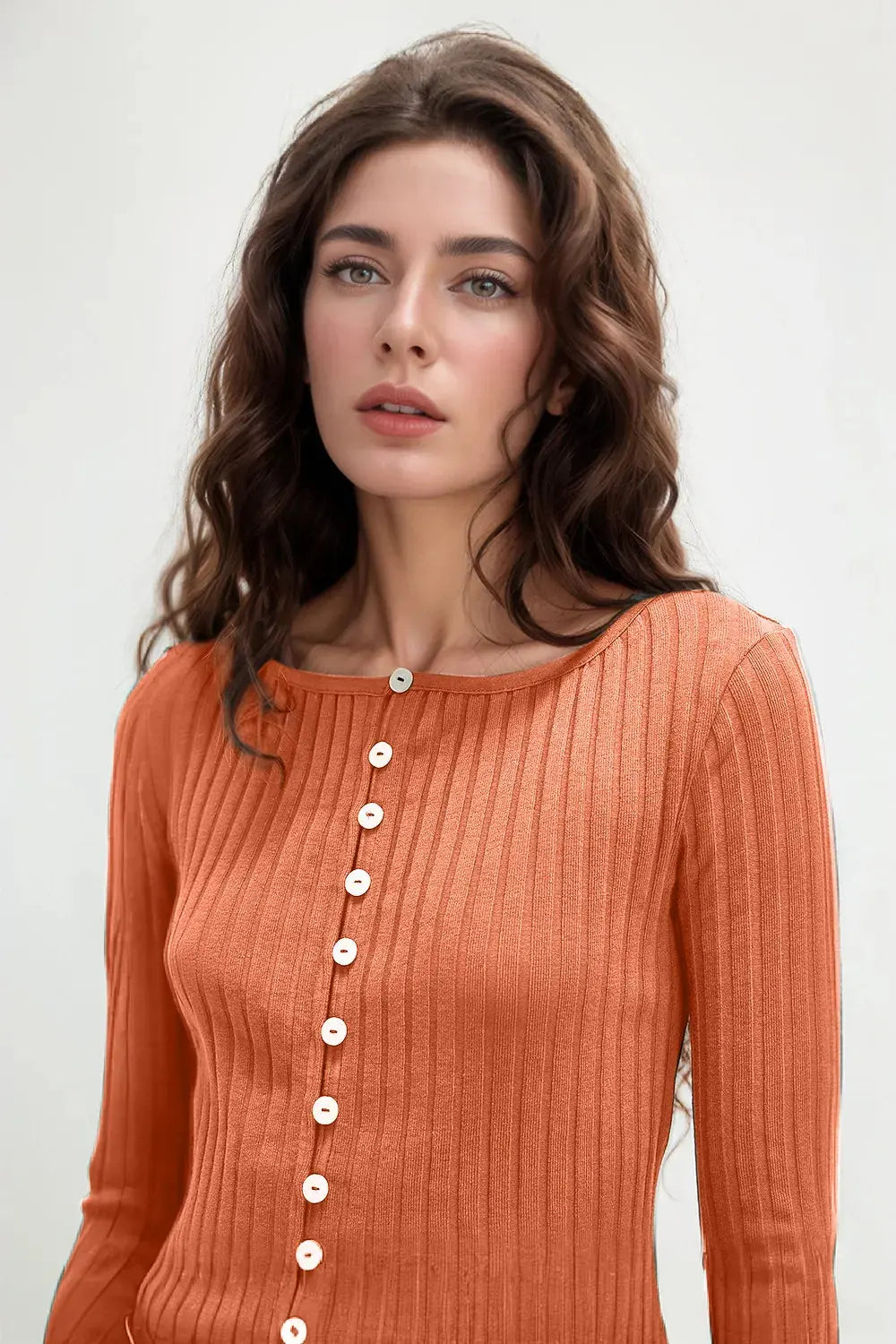 Basic Bae Texture Button Up Round Neck Long Sleeve Top.
