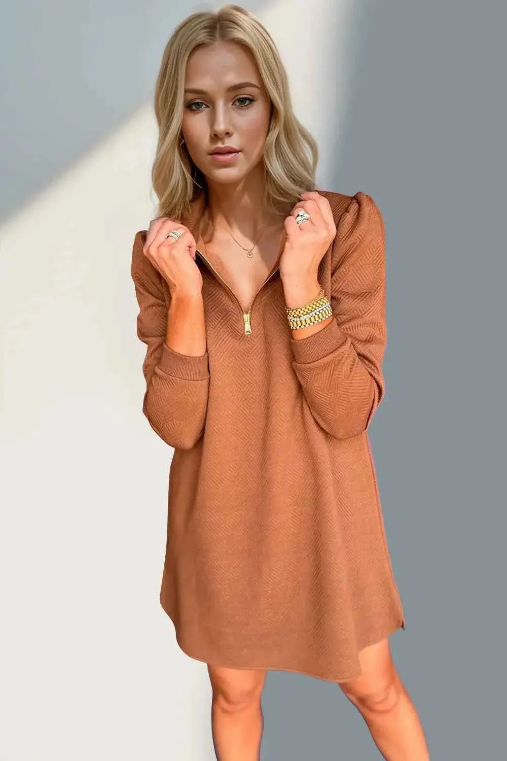 Double Take Textured Quarter Zip Long Sleeve Dress.