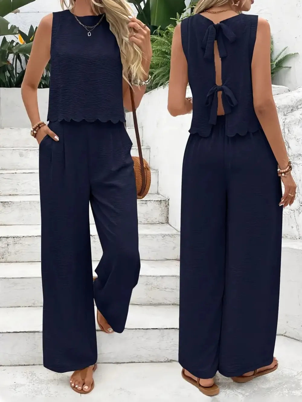 Tie Back Round Neck Top and Pants Set WOMEN - CHIC TB