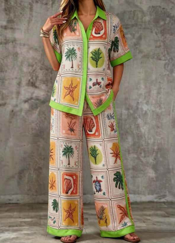 Summer Womens Shirt Set With A Digital-print Collar