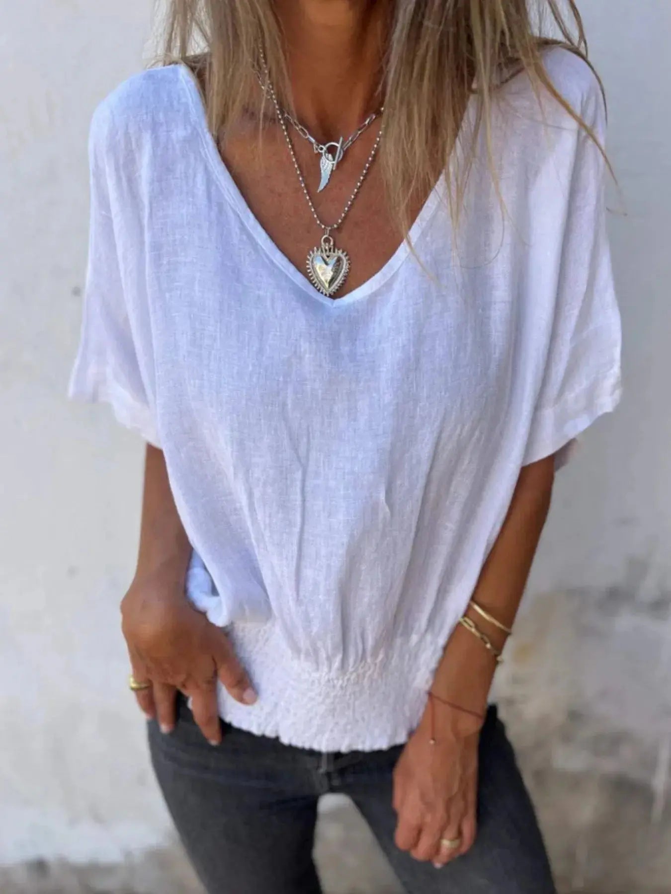 Full Size Smocked Hem V-Neck Relaxed Fit T-Shirt Plus Size.