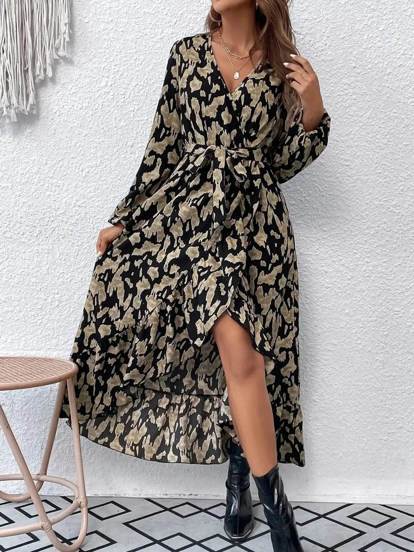 Leopard Surplice Balloon Sleeve Dress.