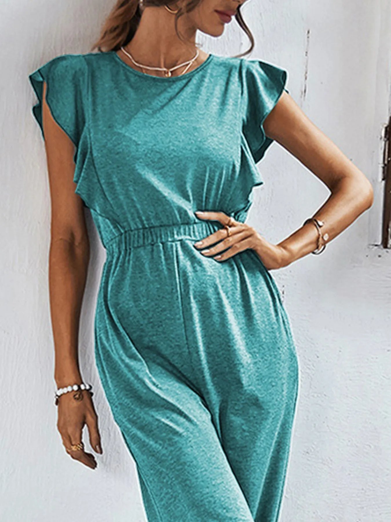 Flutter Sleeve Elastic Waist Jumpsuit.