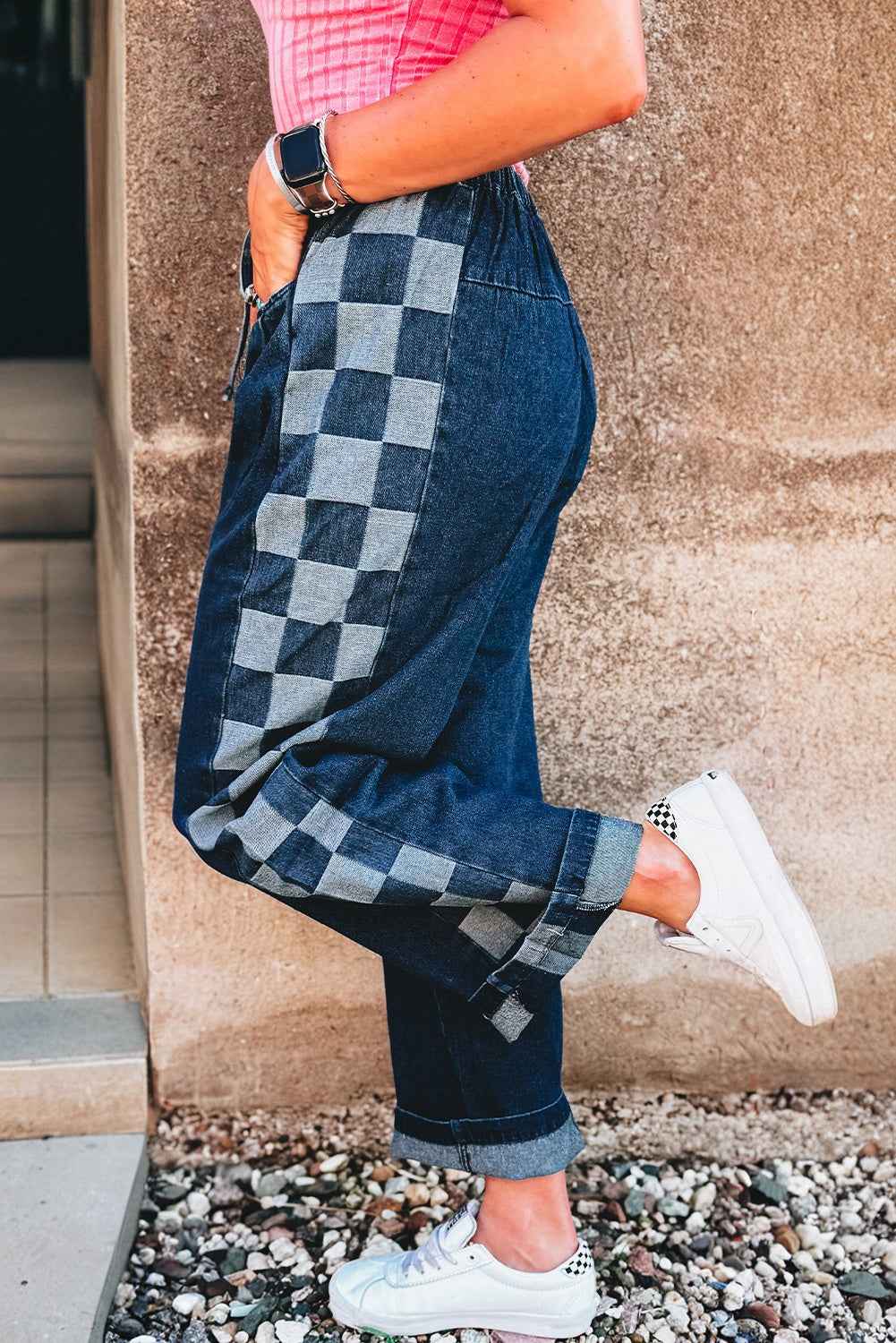 Sail Blue Checkered Side Panel Patchwork Drawstring Loose Denim Pants