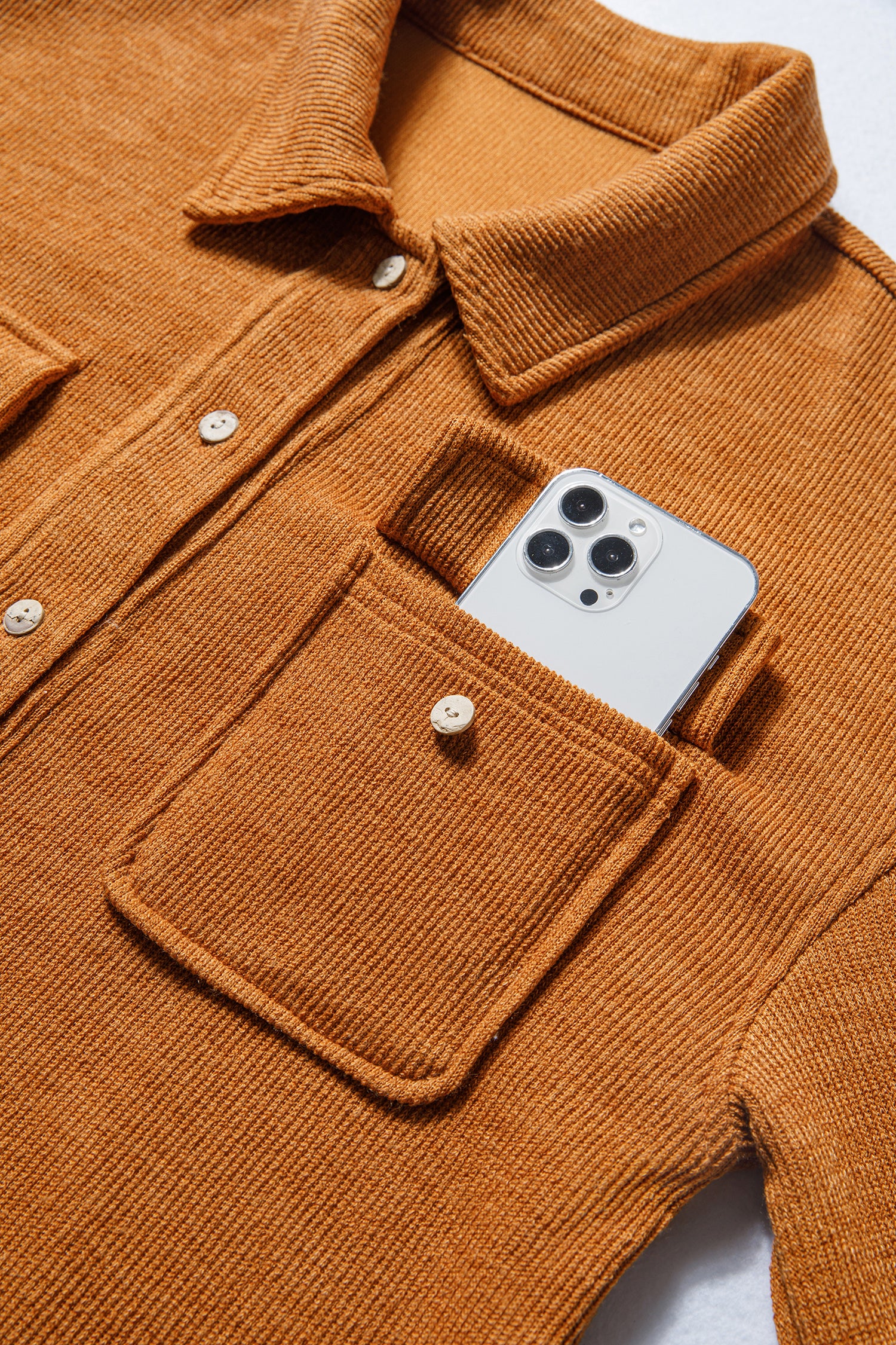 Russet Orange Flap Pocket Textured Knit Solid Color Casual Shacket Dear-Lover Dropshipping