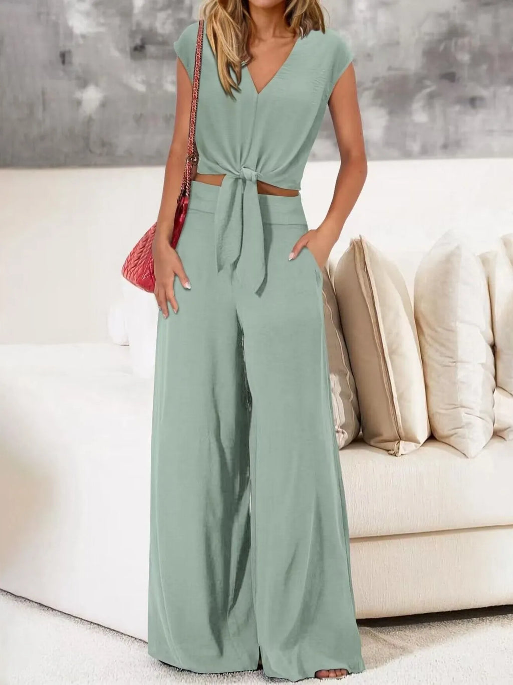 Tie Front Top and Wide Leg Pants Set.