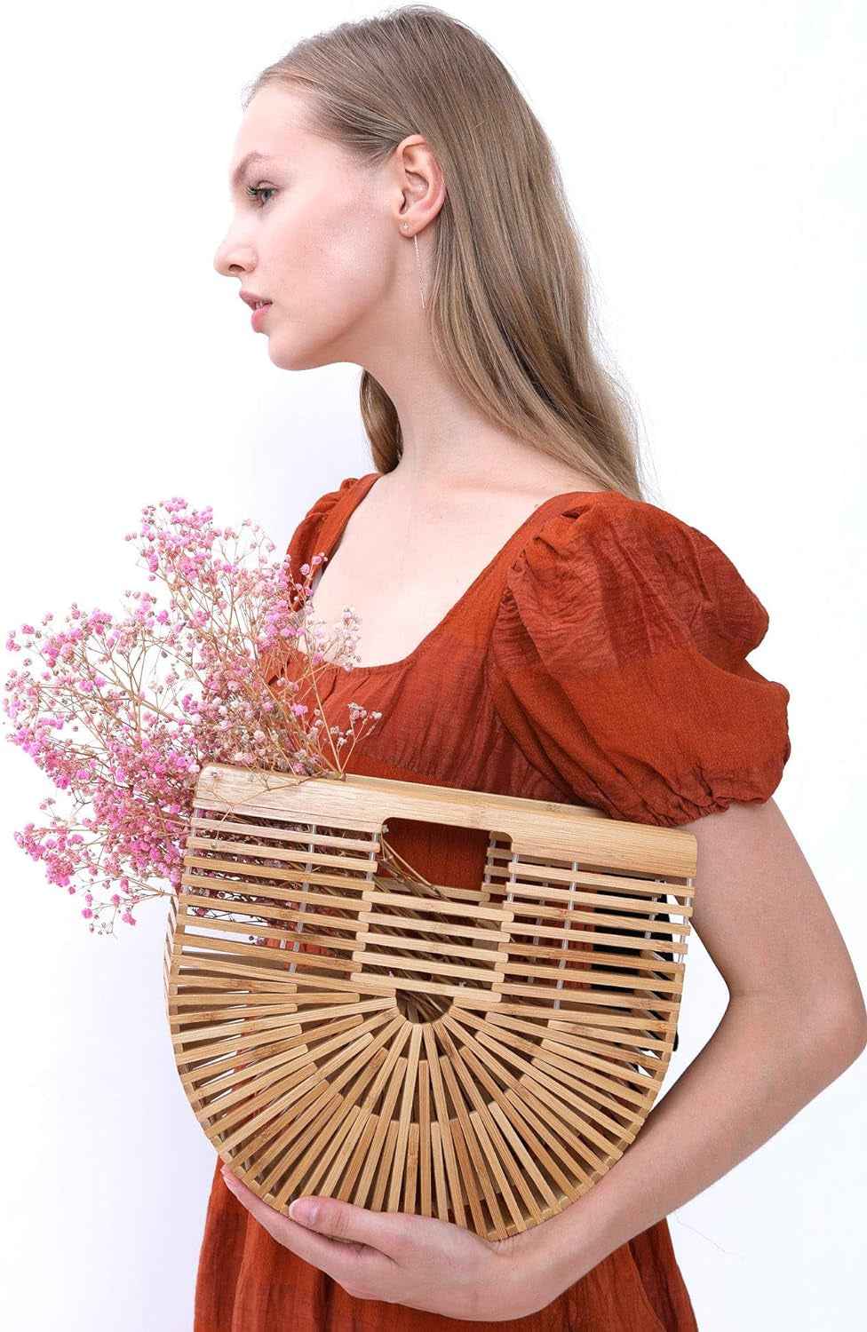 Miuco Womens Bamboo Handbag Handmade Large Tote Bag Straw Beach Bags Beach Purse Size