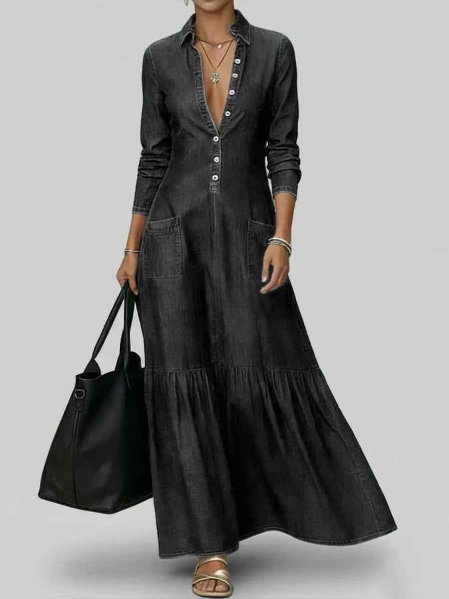 Street-style Vintage-collar Chic Denim High-end And Fashionable Fitted-waist Maxi Dress