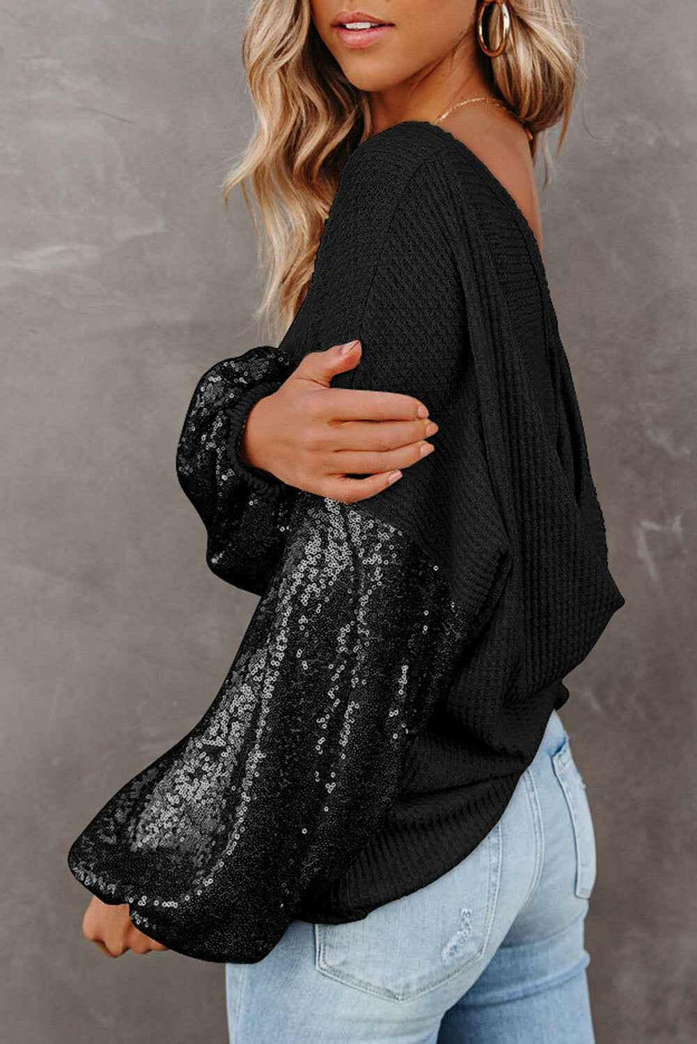 Sequin Waffle-Knit Blouse.