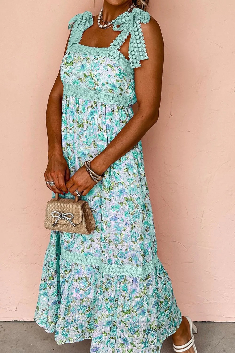 Bow Shoulders lace Square Neck Floral Dress.