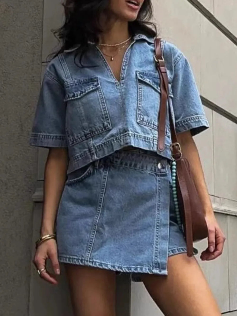 Johnny Collar Short Sleeve Top and Skort Denim Set - CHIC TB