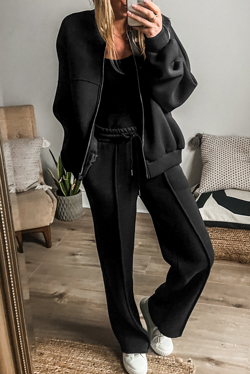 Black Solid Seamed Zipper Jacket and Drawstring Waist Pants Set Dear-Lover Dropshipping