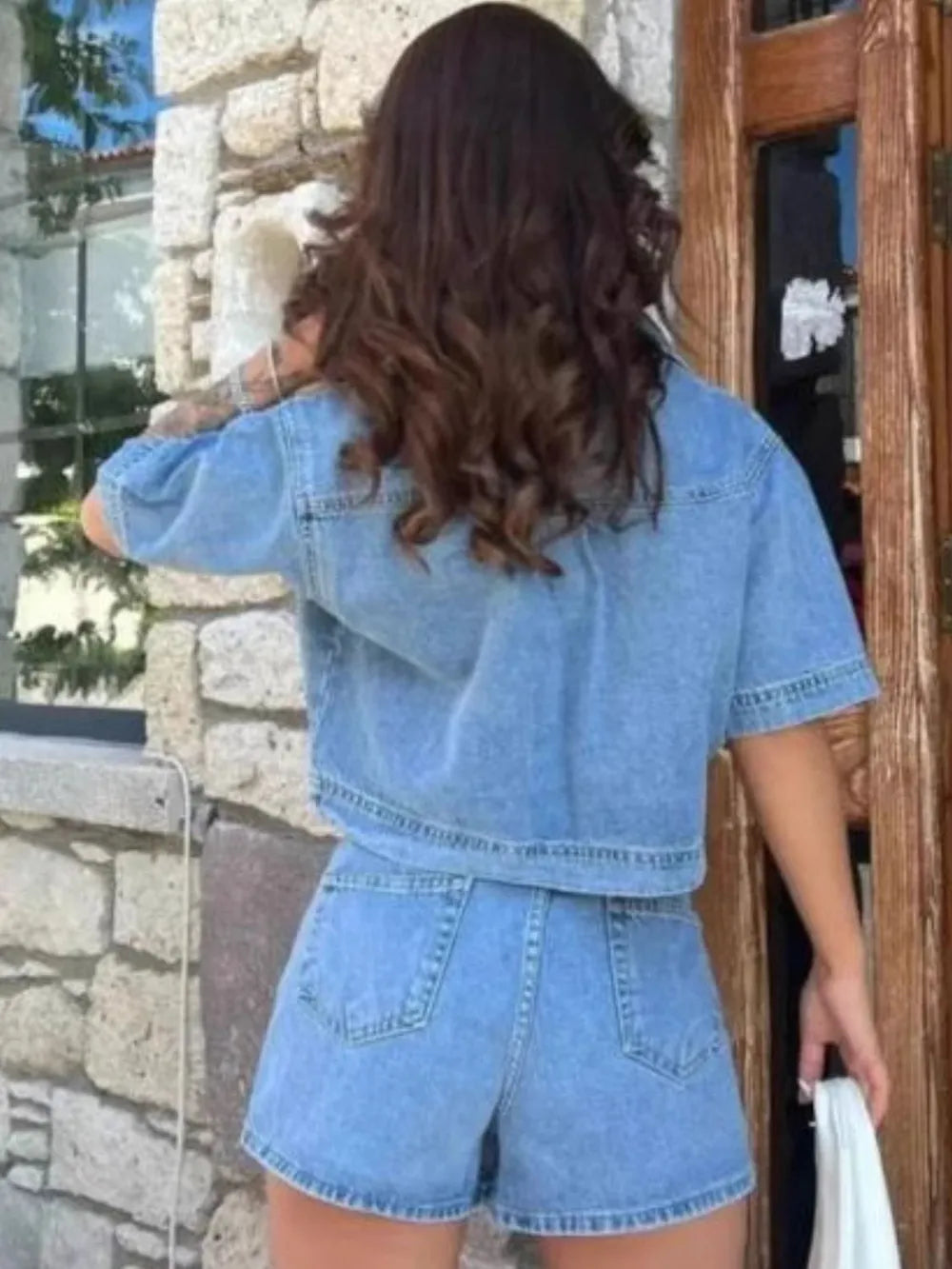 Johnny Collar Short Sleeve Top and Skort Denim Set - CHIC TB