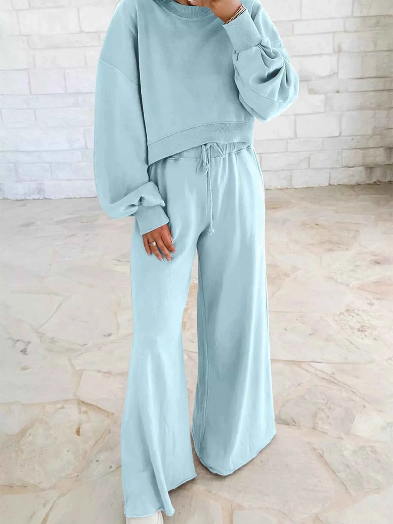 Drop Shoulder Puff Sleeve Crop Top and Drawstring Wide Leg Pants Set