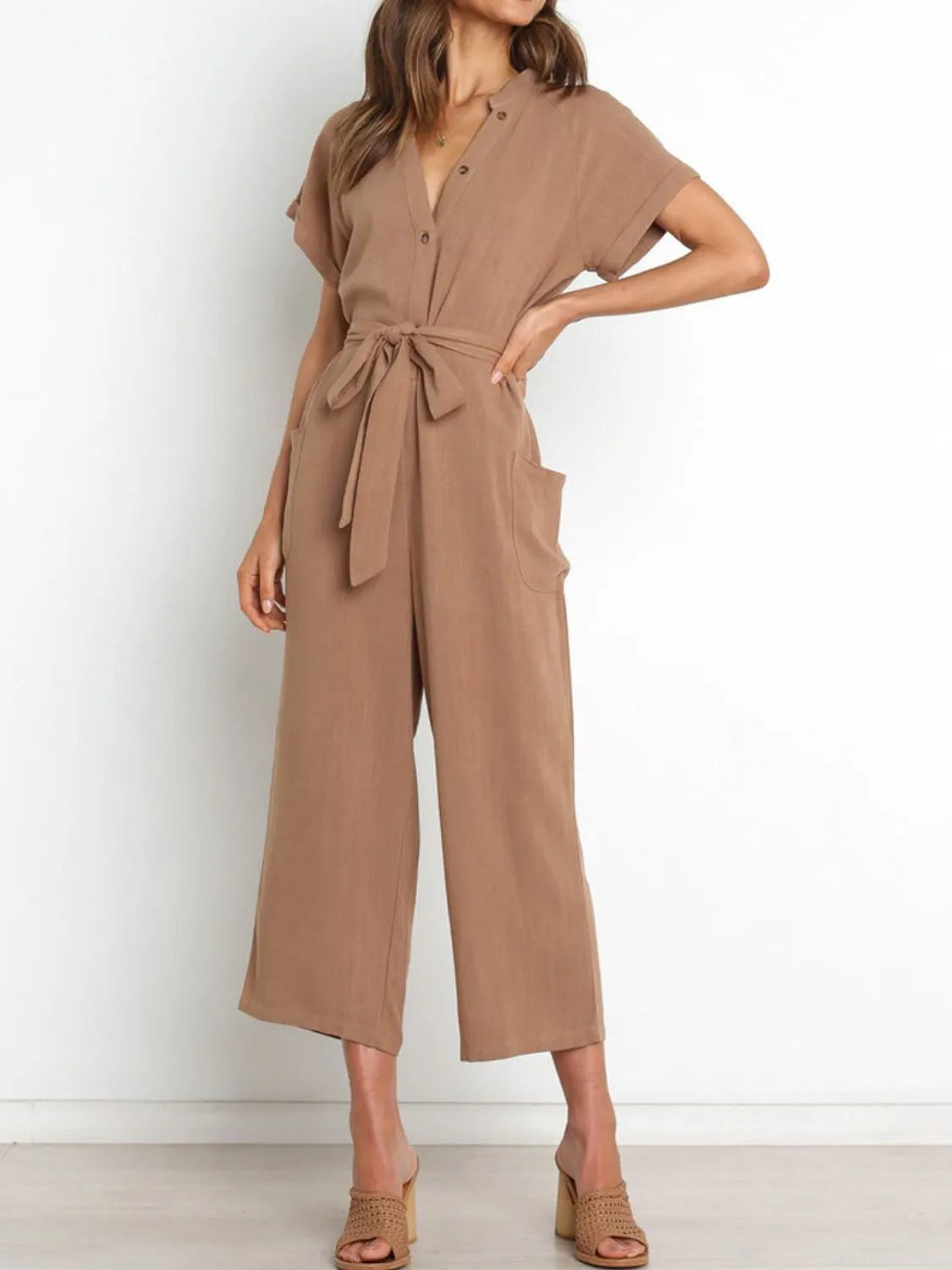 Notched Short Sleeve Tie Waist Jumpsuit.
