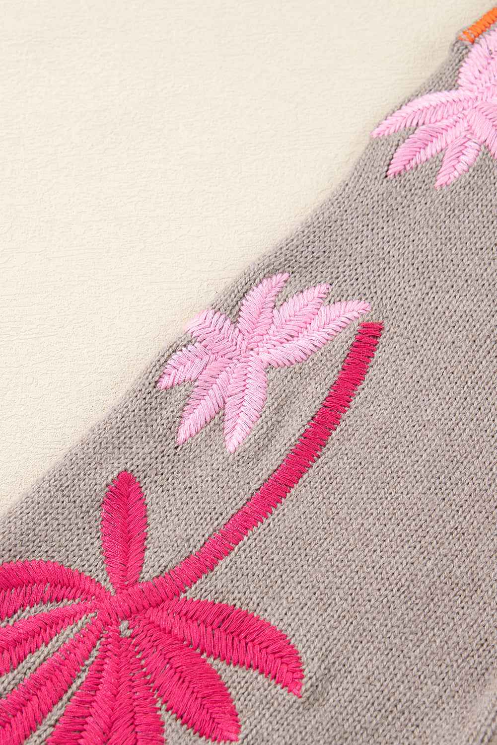 Simply Taupe Embroidered Floral Sleeve Round Neck Loose Sweater