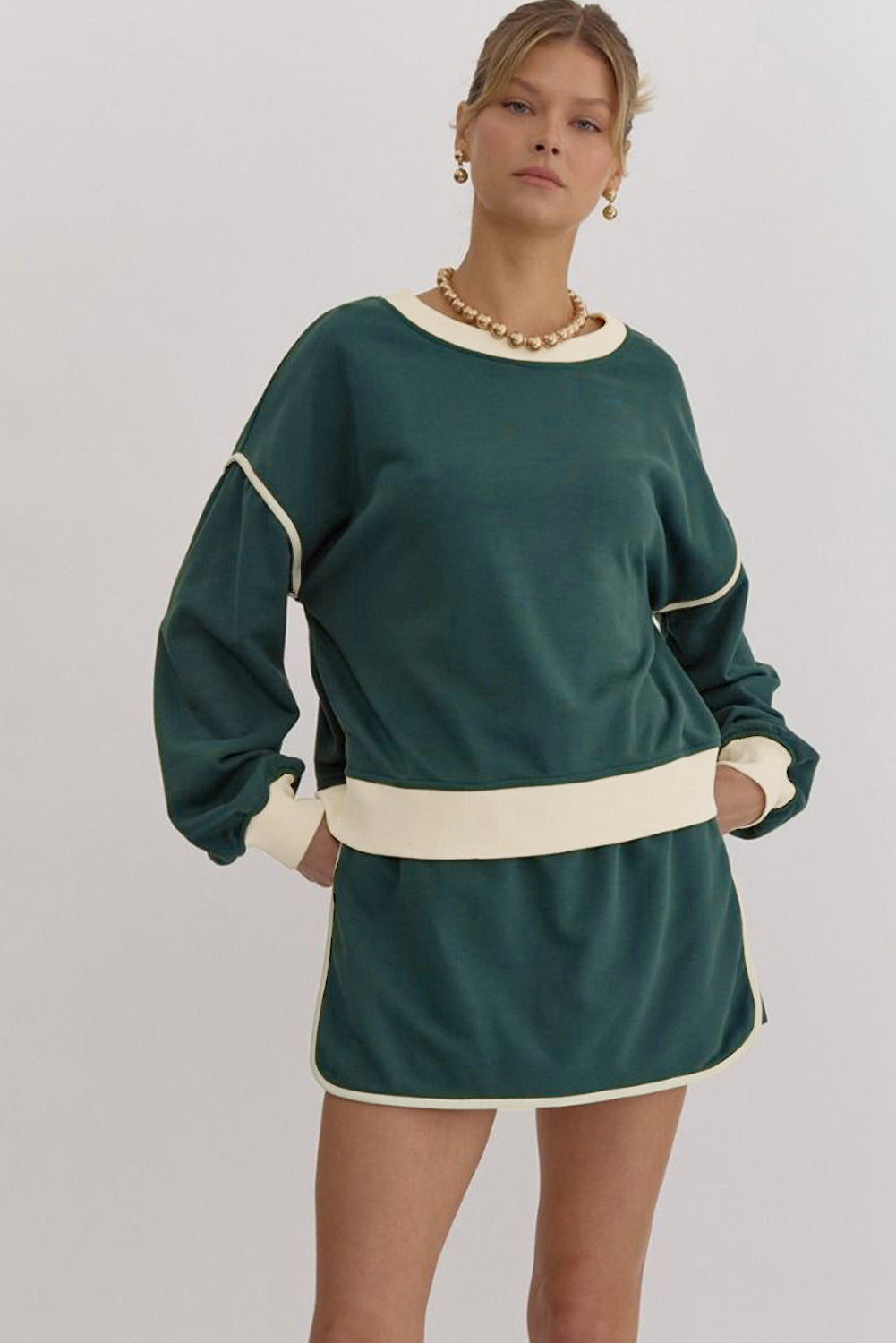 Evergreen Color Contrast Loose Pullover and Lace-up Waist Skort Set Dear-Lover Dropshipping