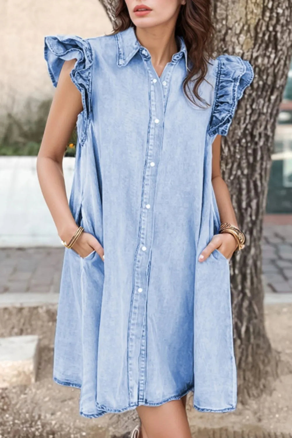 Ruffled Button Front Cap Sleeve Denim Dress.