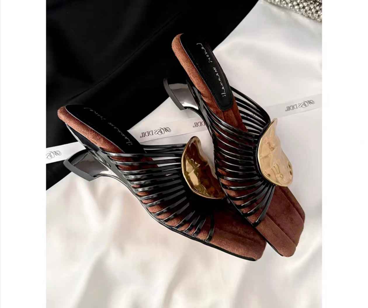 French Thin Strap Woven Roman Sandals With Metal Decorations, Small Wedge Gold Stylish Slide Sandals For Women