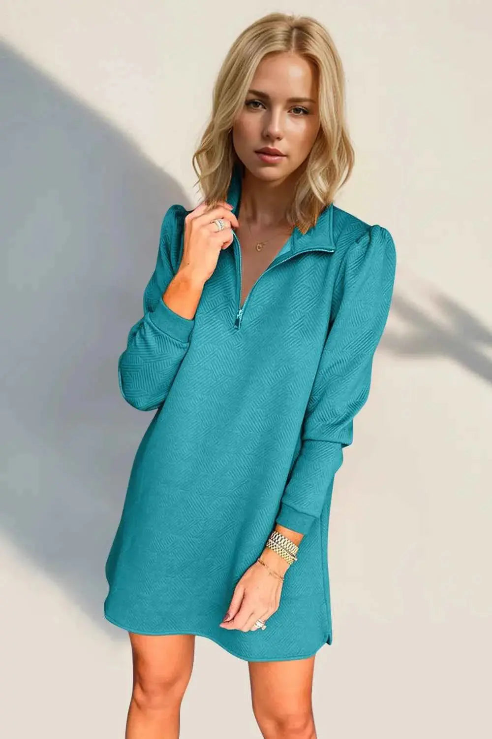 Double Take Textured Quarter Zip Long Sleeve Dress.