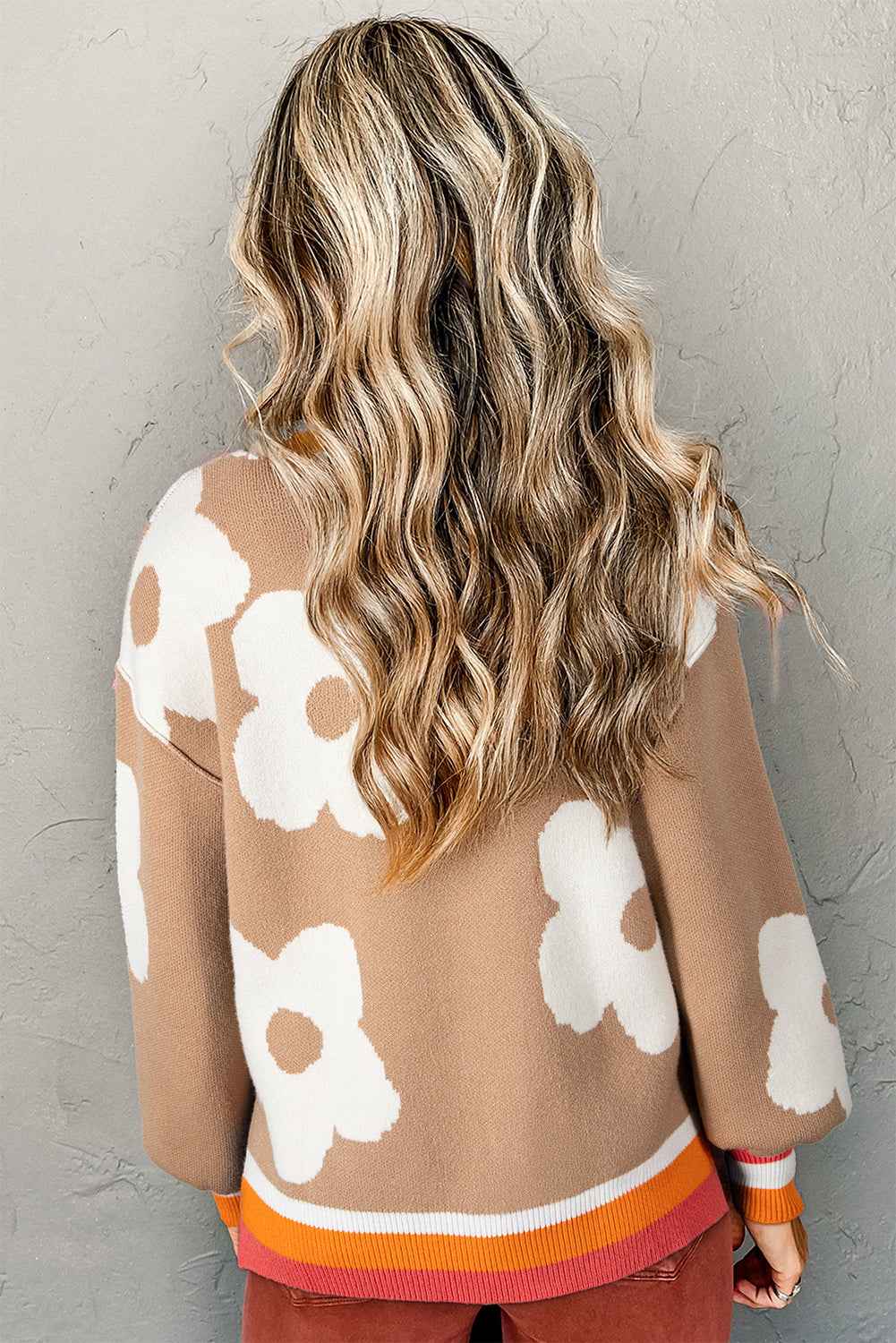 Smoke Gray Big Flower Pattern Contrast Striped Baggy Sweater