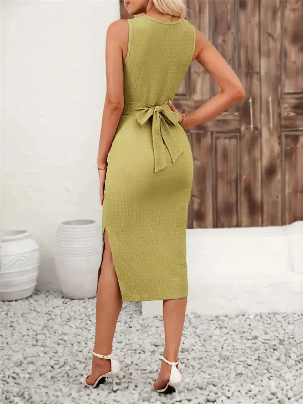 Back Tie Sleeveless Slit Midi Dress.