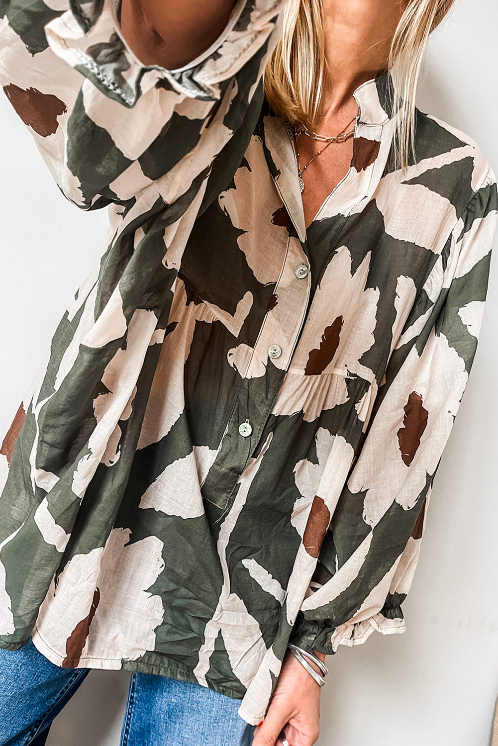 Four Leaf Clover Abstract Floral Print Puff Sleeve Half Button Blouse Dear-Lover Dropshipping