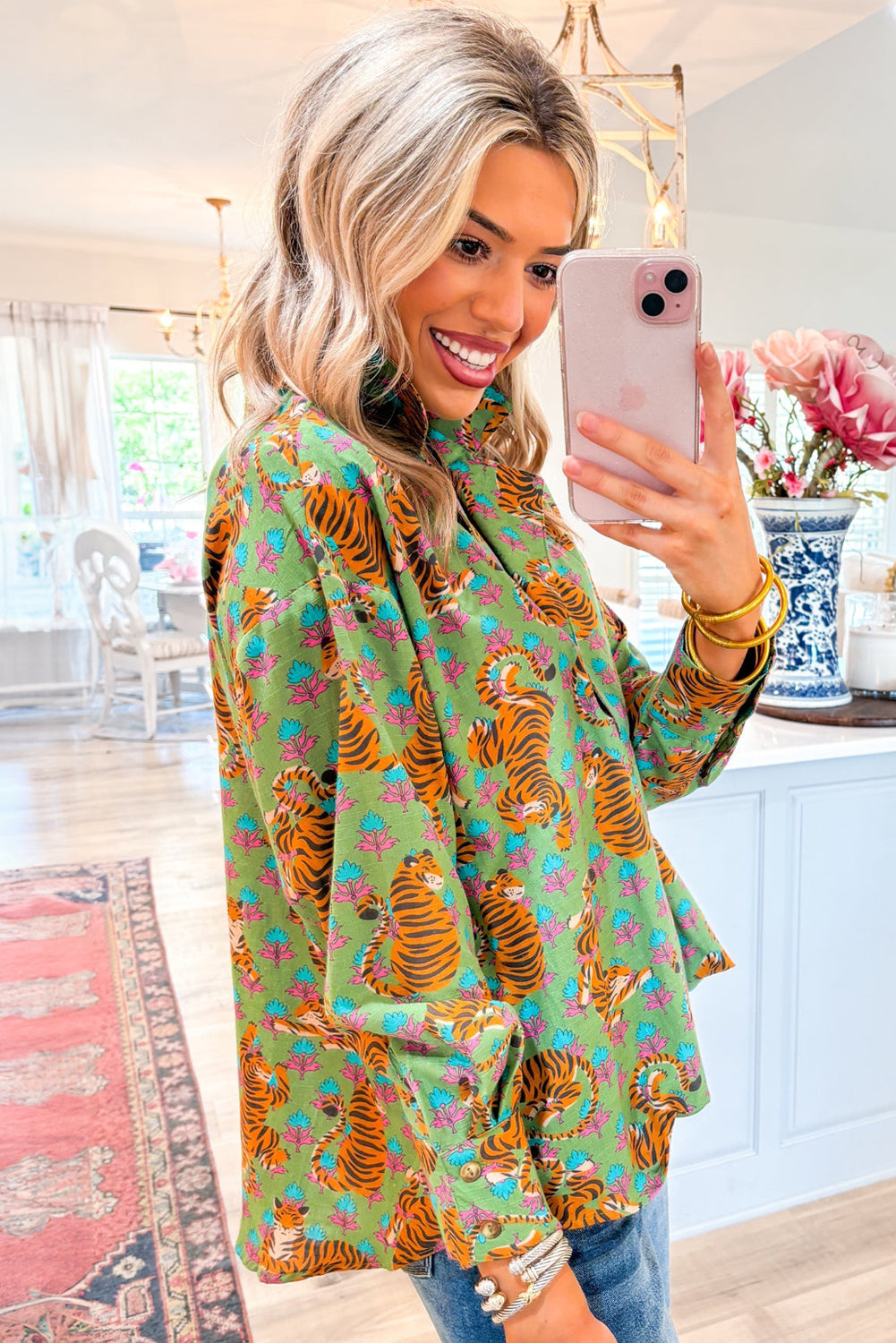 Green Tiger Floral Printed Collared V Neck Casual Shirt Dear-Lover Dropshipping