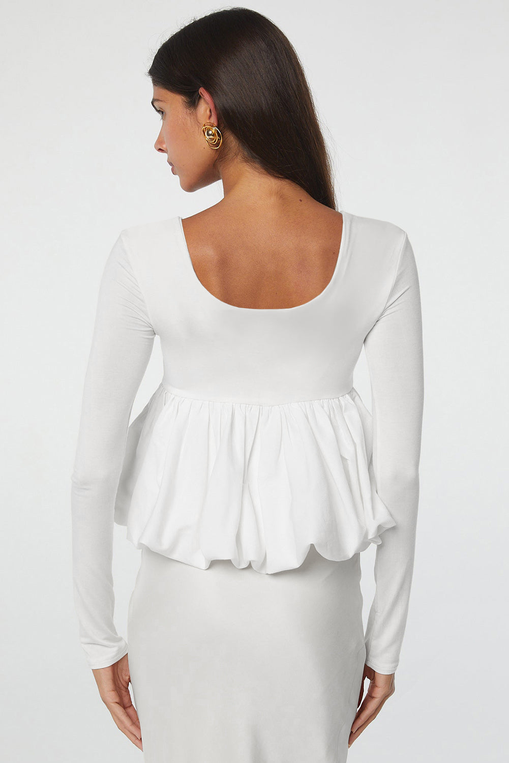 White U Neck Long Sleeve Bubble Hem Top Dear-Lover Dropshipping