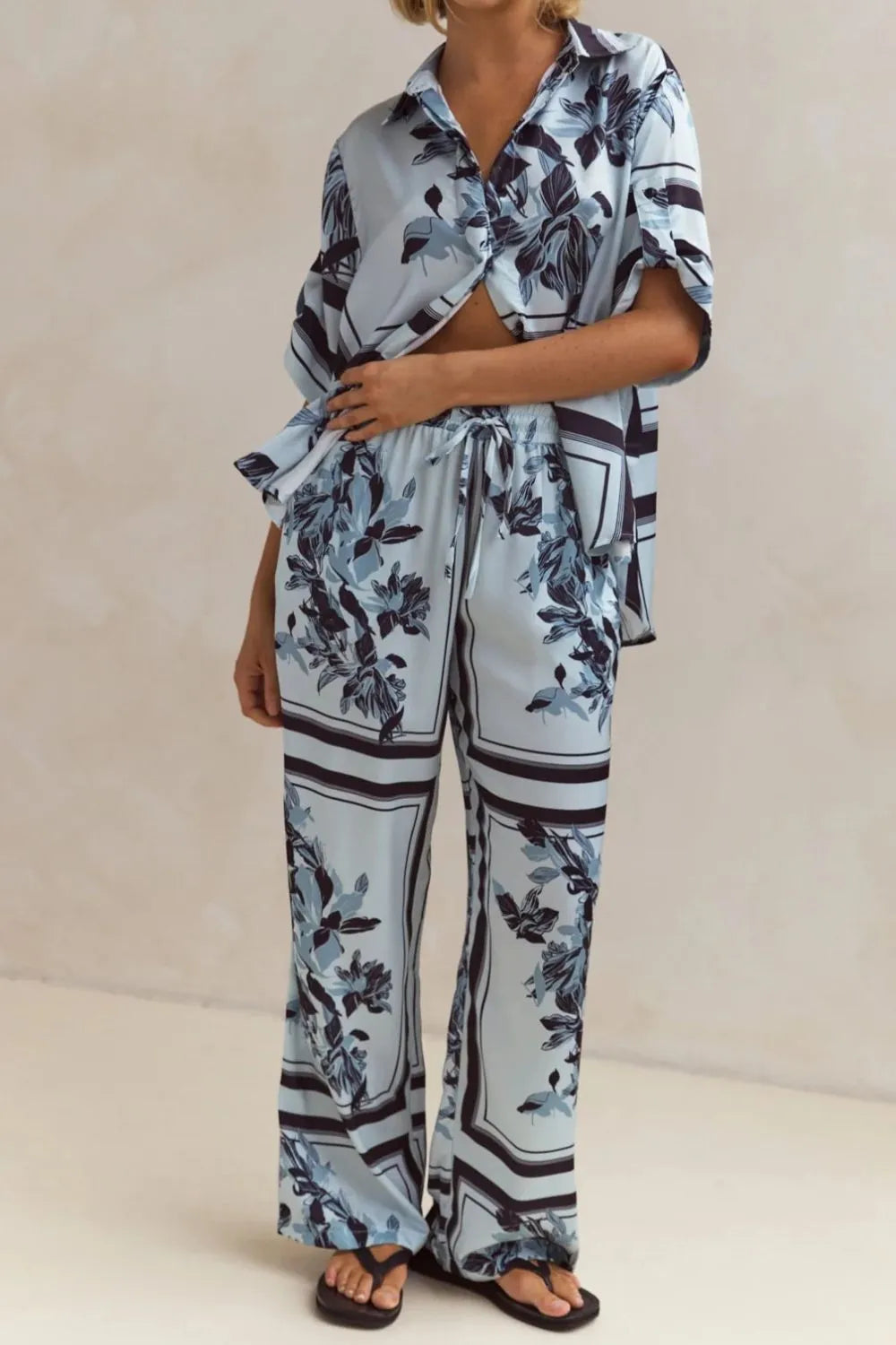Printed Button Up Shirt and Pants Set - CHIC TB