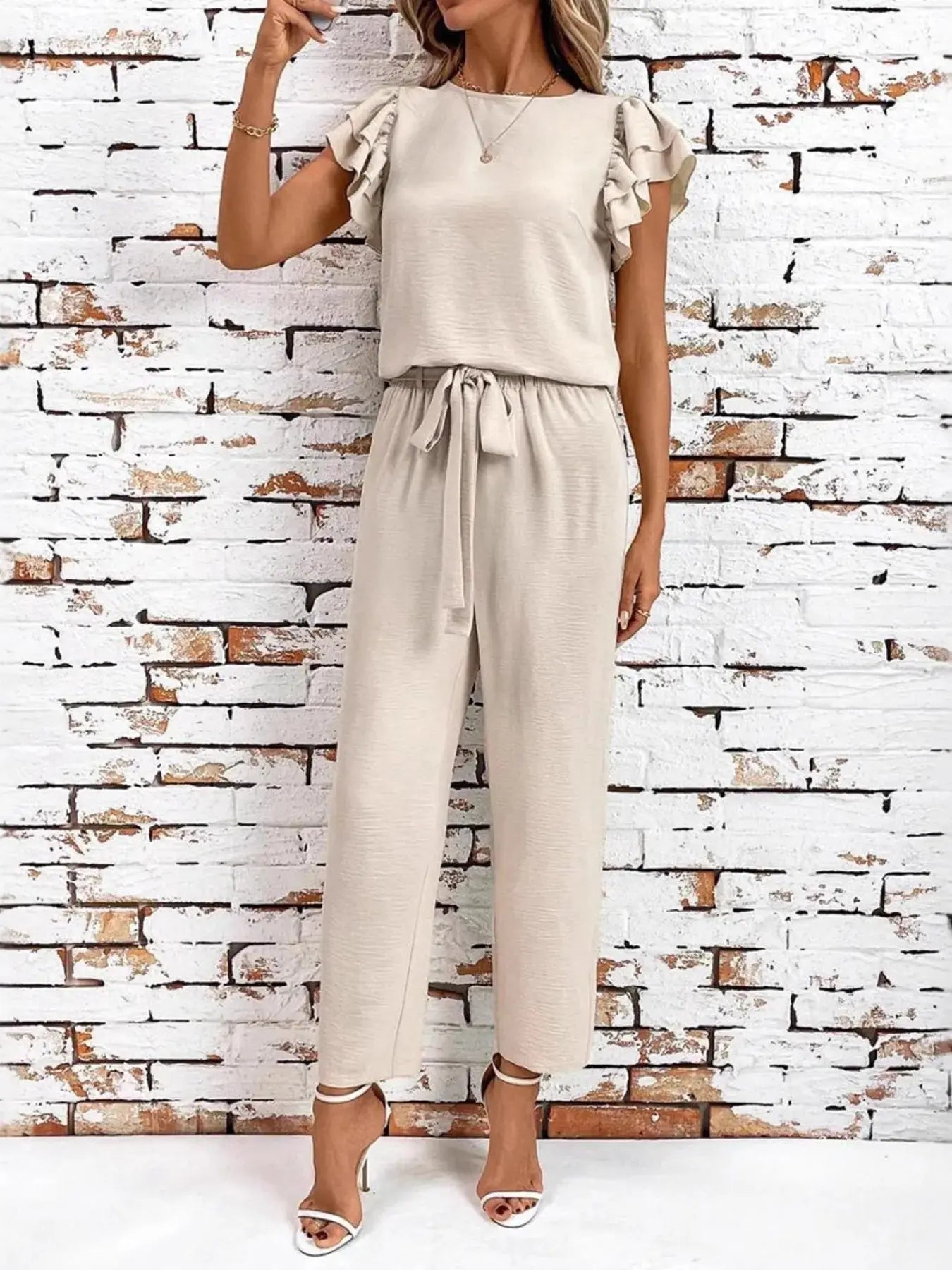 Casual Flutter Sleeve Top and Pants Two-Piece Set.