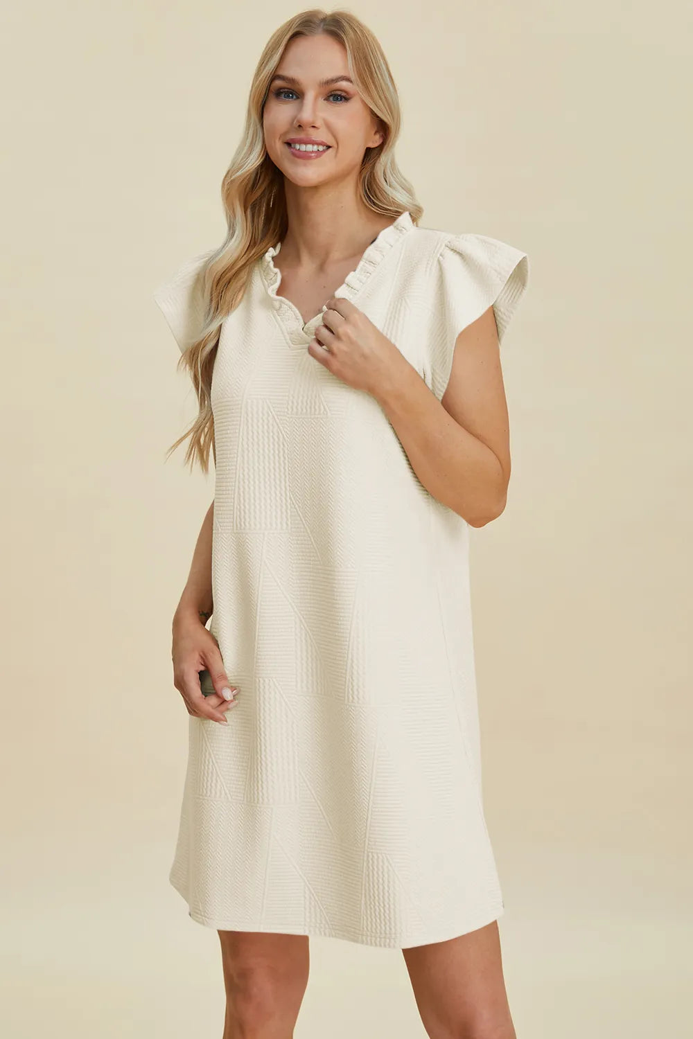 Double Take Full Size Ruffled V-Neck Cap women Sleeve Dress.