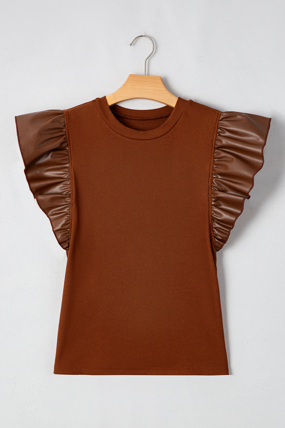 Cinnamon Leather Ruffle Sleeve Patchwork Round Neck Blouse Dear-Lover Dropshipping