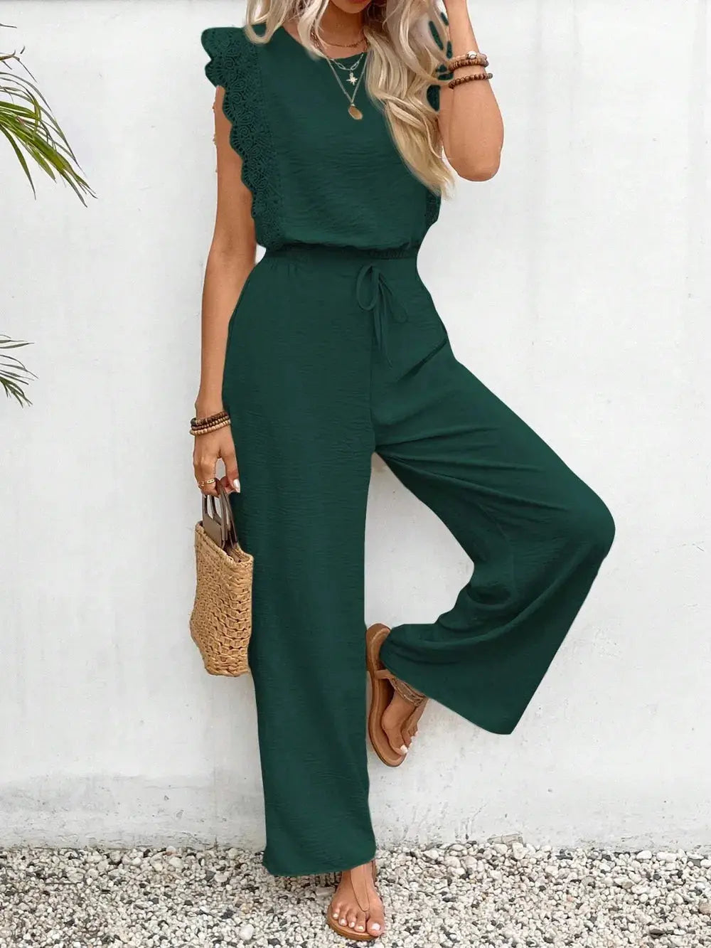 Lace Trim Round Neck Top and Pants Set.
