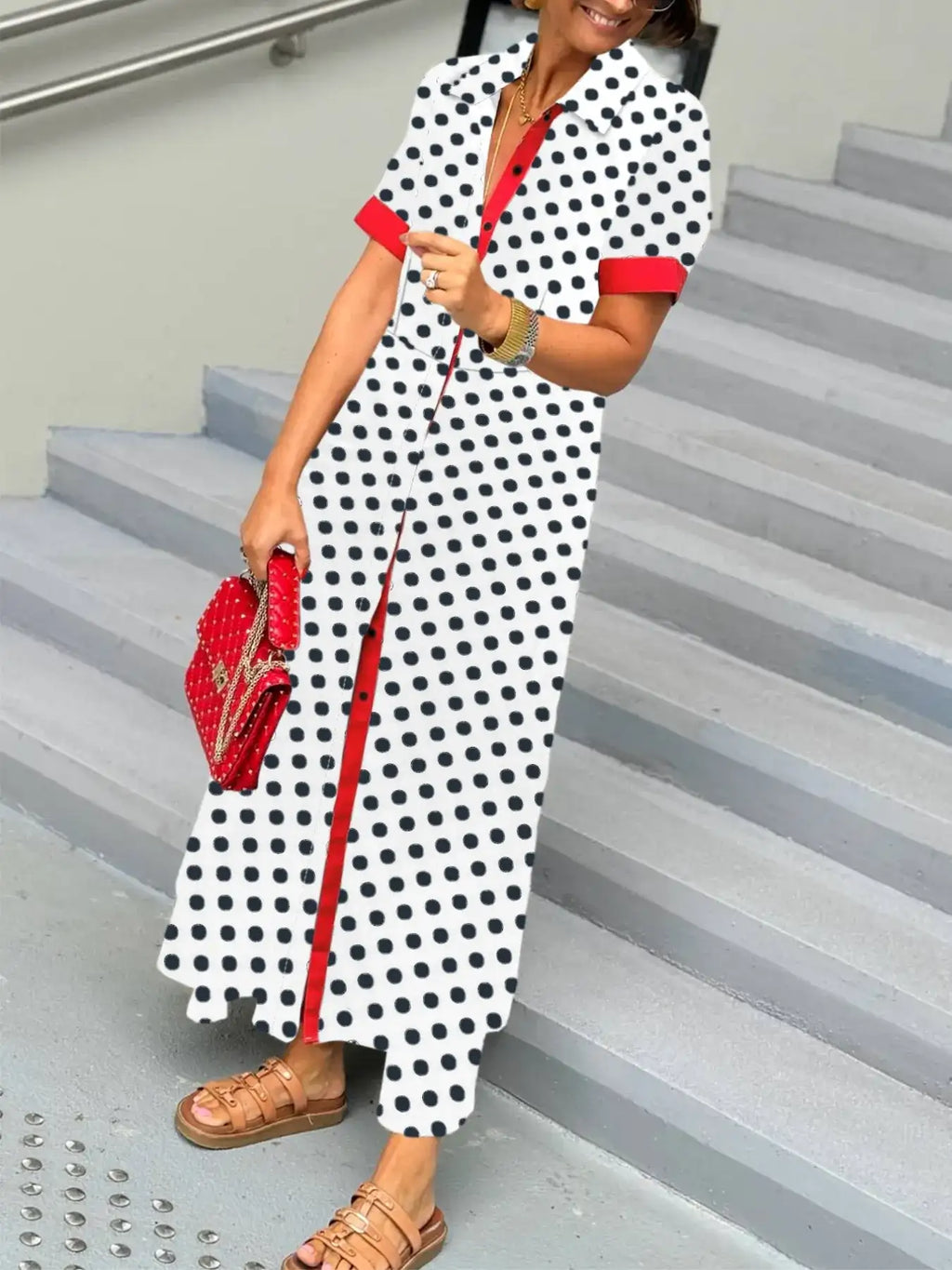 Polka Dot Short Sleeve Maxi Shirt Dress.