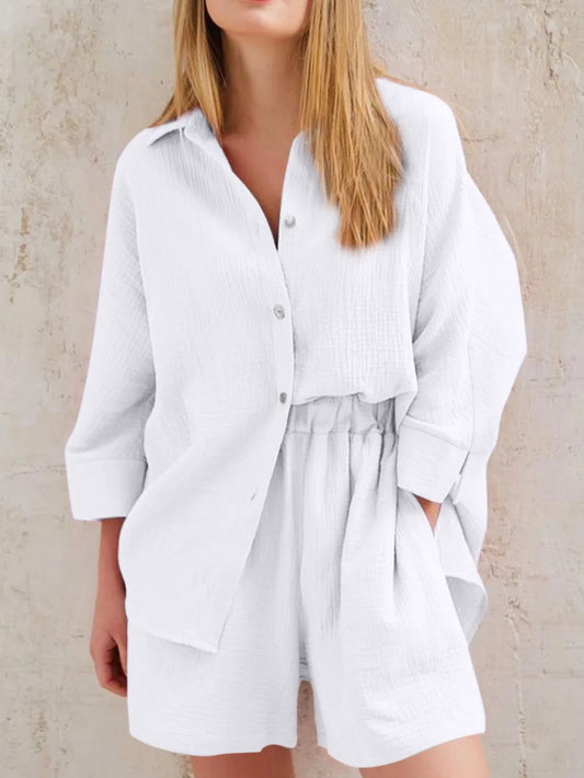Texture Button Up Shirt and Shorts Set - CHIC TB