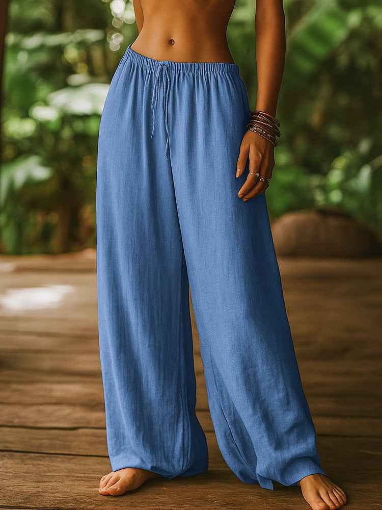 Women's Cotton And Linen Loose Pure Color Elastic Waist Pocket Straight Casual Pants