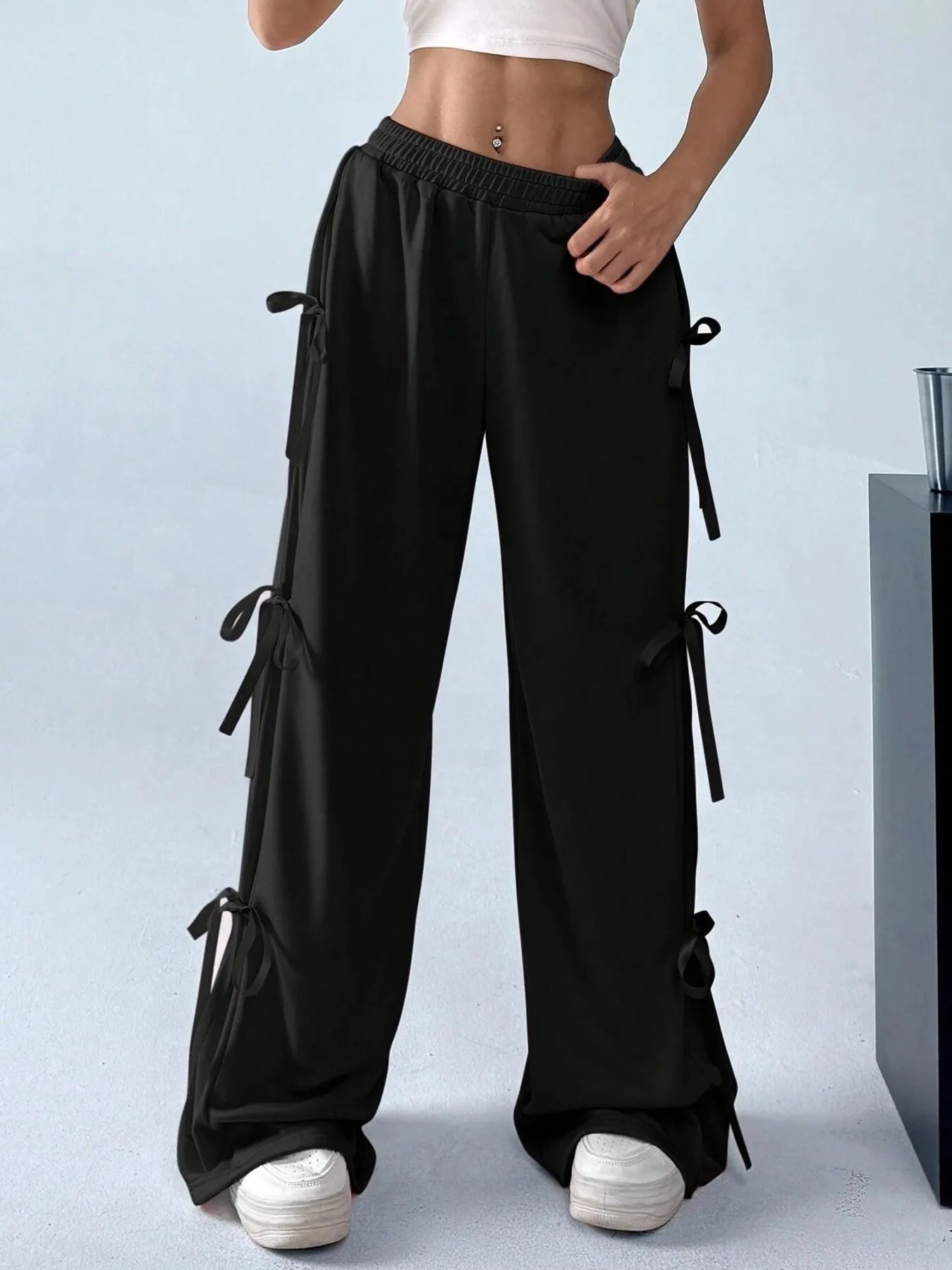 Cargo Wide Leg Pants with Side Tie Details.
