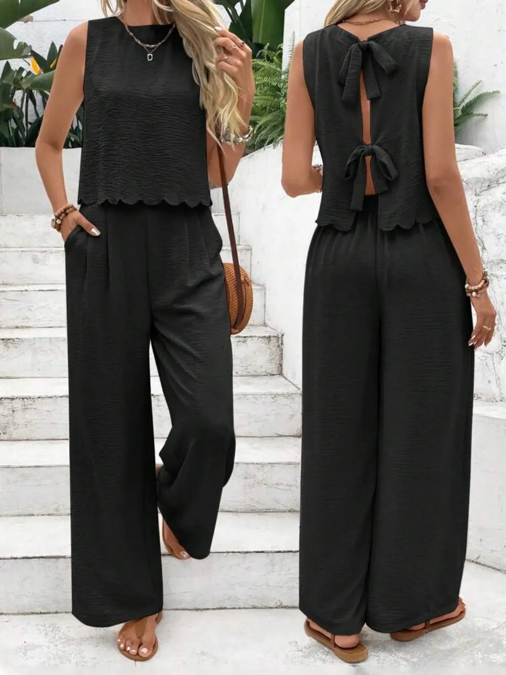 Tie Back Round Neck Top and Pants Set WOMEN - CHIC TB