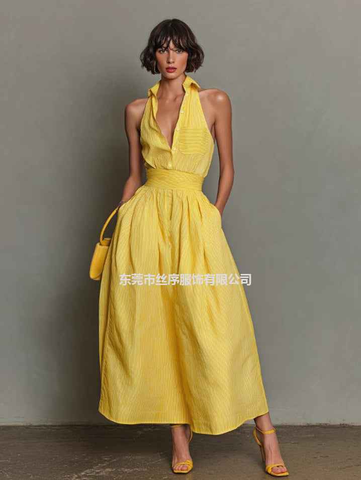 Yellow-striped V-neck, Waist-cinched, Sleeveless Dress That The