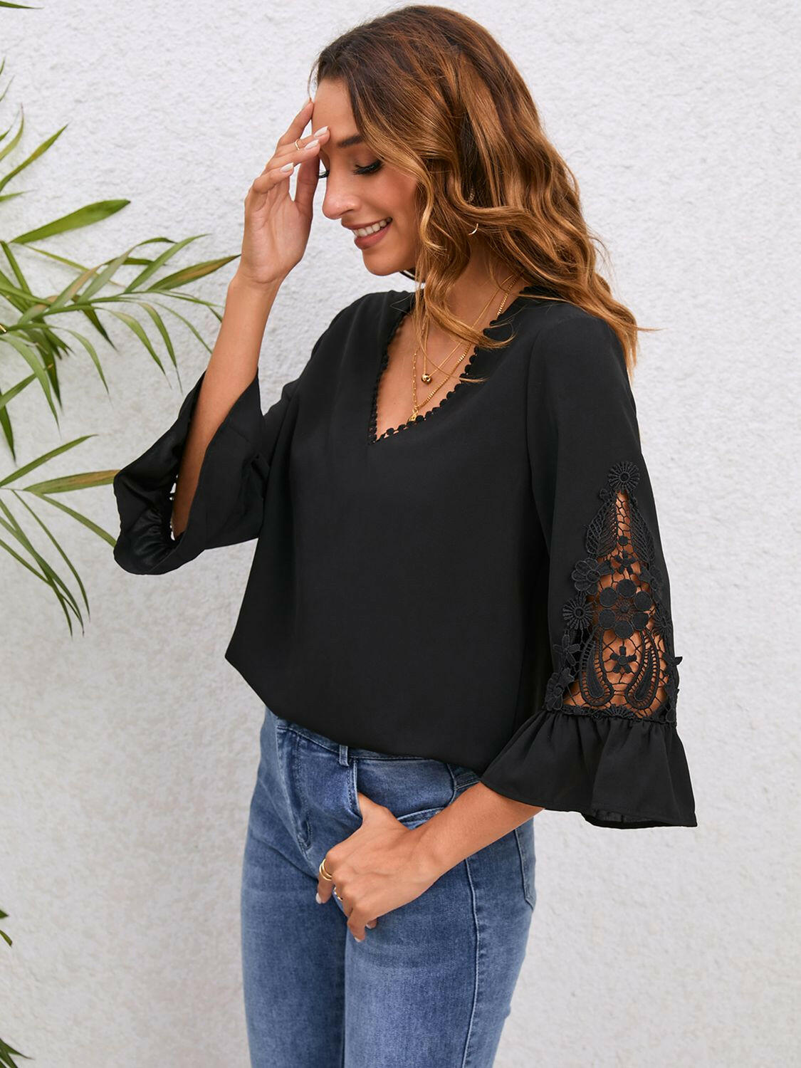 V-Neck Lace Detail Sleeve Blouse.