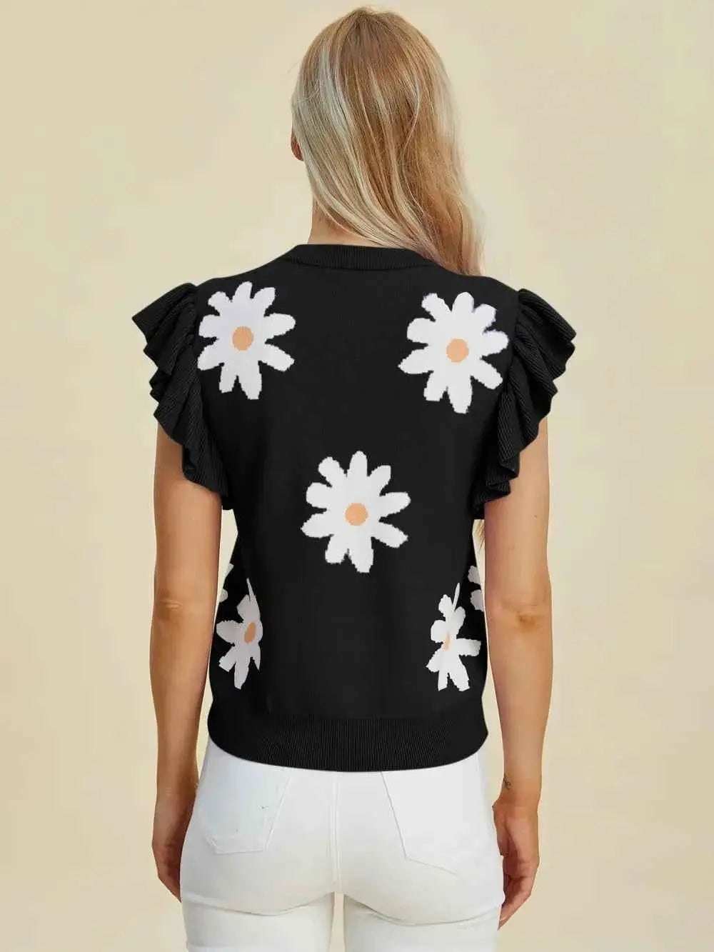 Ruffled Flower Round Neck Cap Sleeve Sweater.