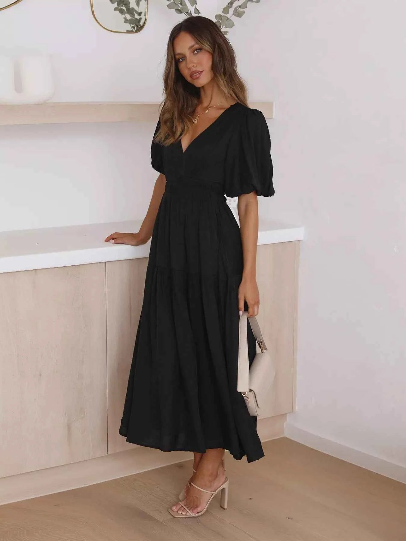 Tiered Puff Sleeve Midi Dress