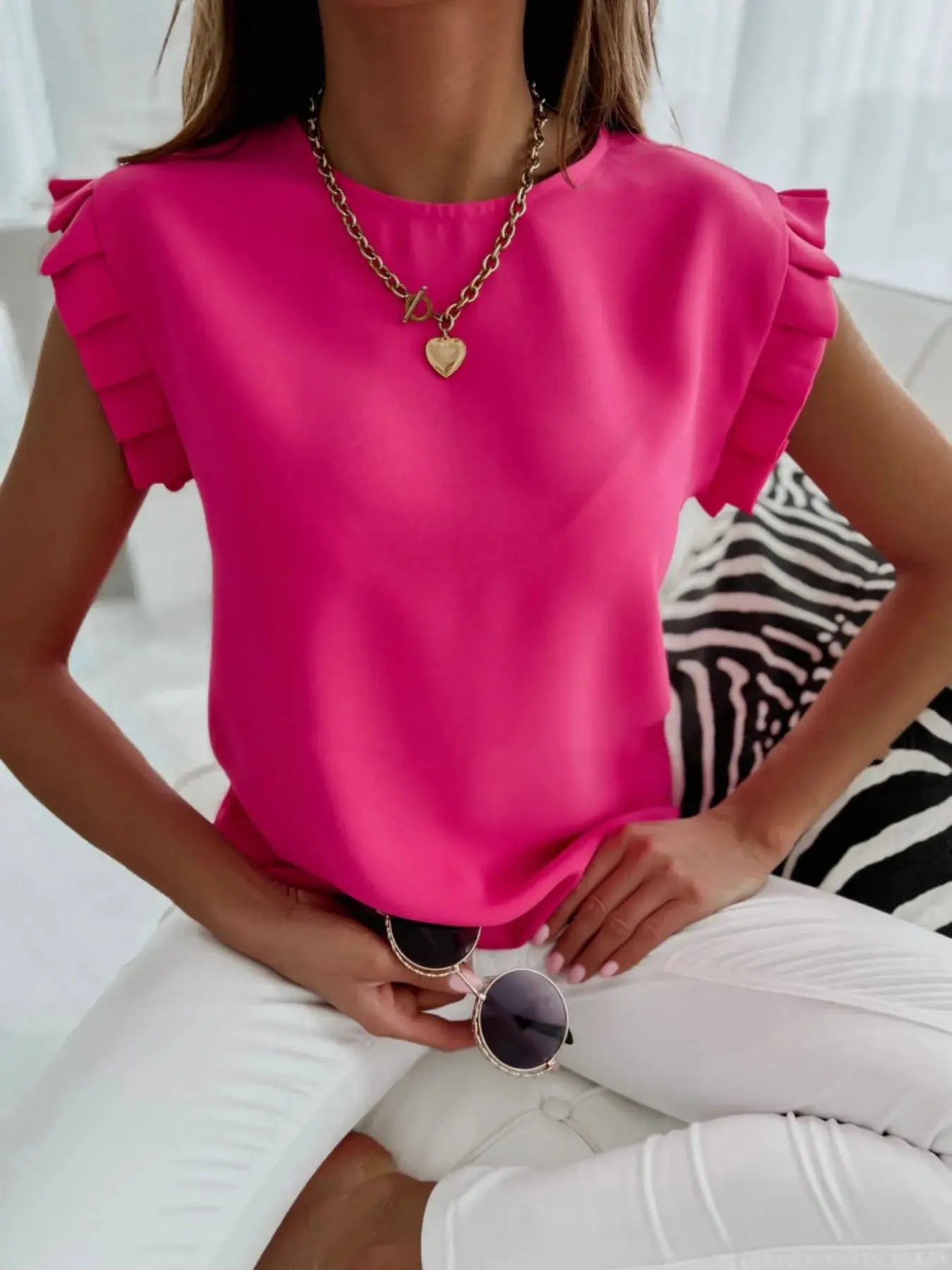 Ruffled Round Neck Cap Sleeve Top.